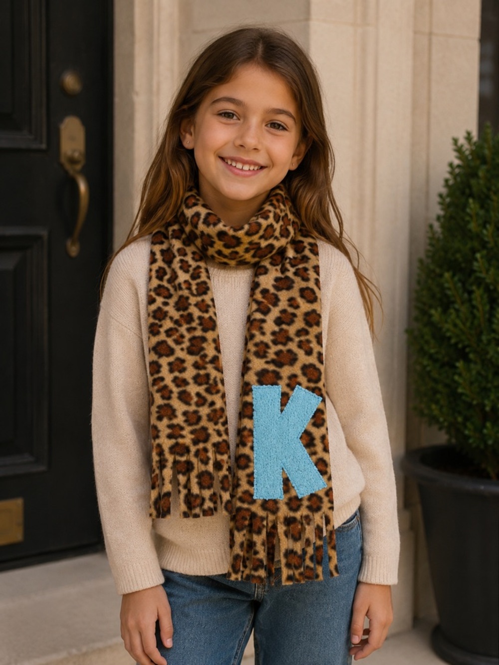 Kids - Cheetah “K” Felt Scarf with Fringe